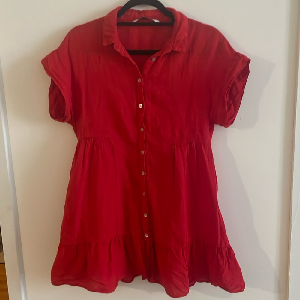 Zara Linen Red Dress Size XS Button Down Collared Short Sleeve
